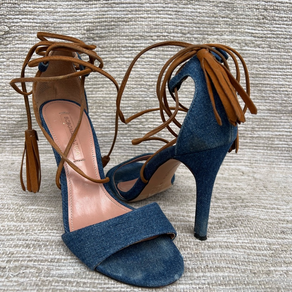 Vintage BCBGMaxAzria Denim & Tan Lace-Up Ankle Strap Stiletto Y2K Heels size 8